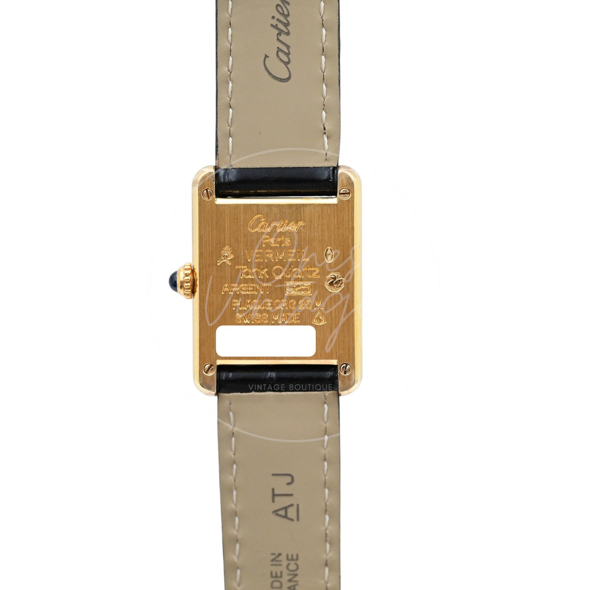 Cartier Must de Tank quartz watch with ivory Roman numeral dial and black leather strap, engraved vermeil case back with Cartier strap lining