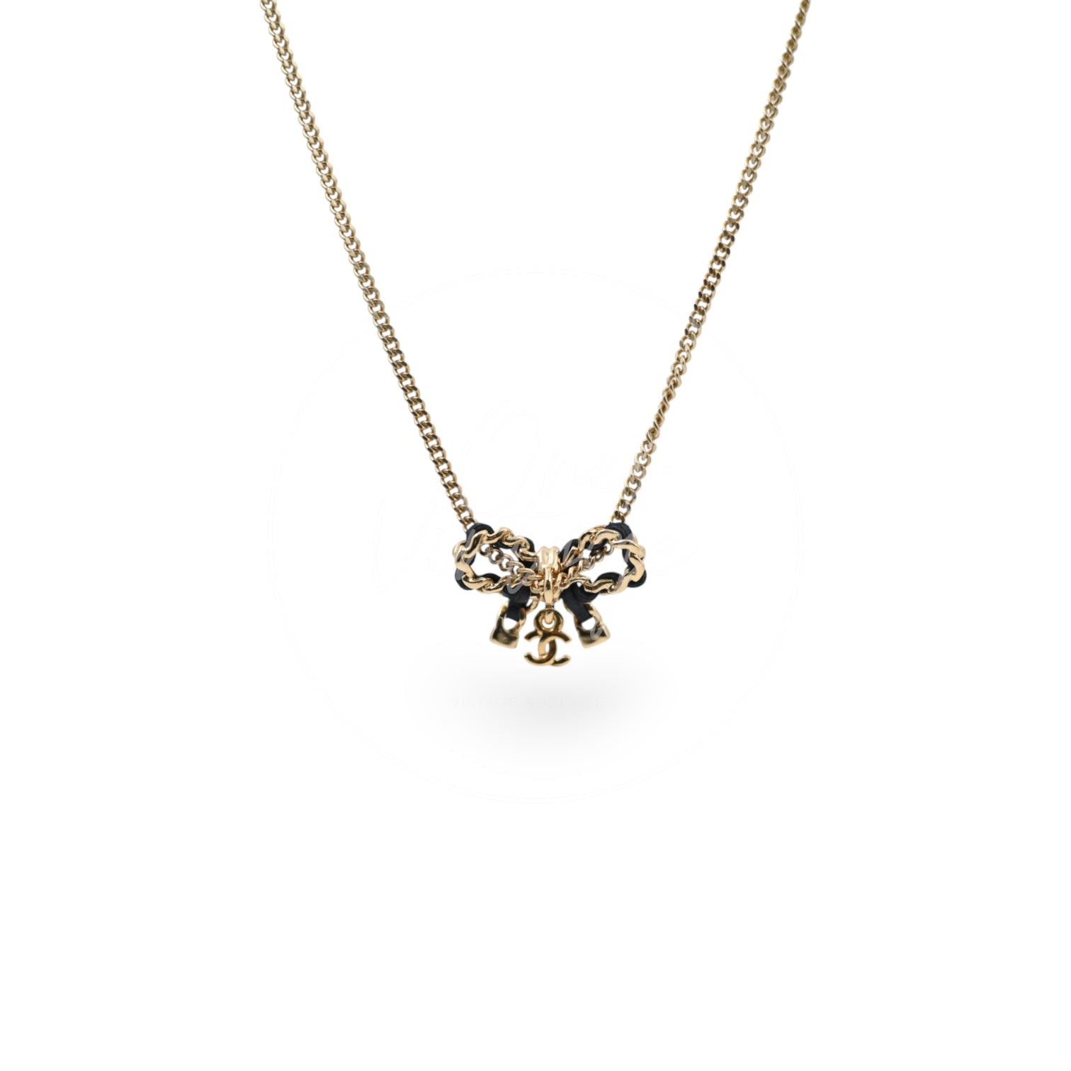 Chanel Lambskin CC Bow Necklace Black Gold Necklace