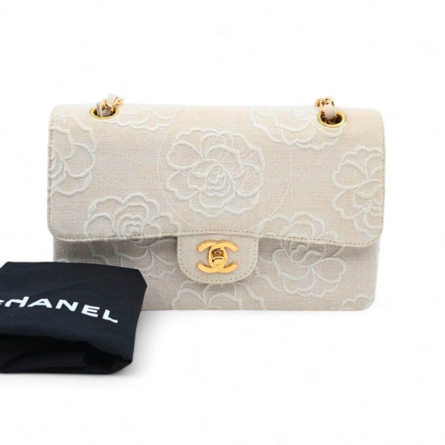 Chanel Vintage Camellia Embroidered Small Classic Flap Bag GHW Ivory Beige Series 5