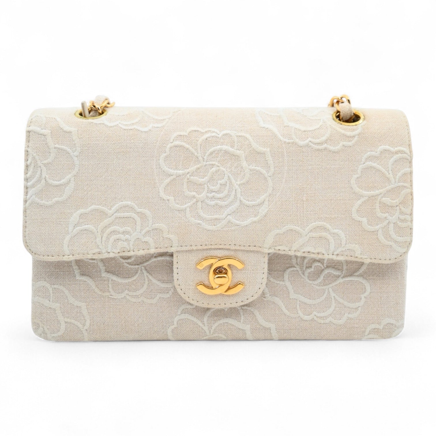 Chanel Vintage Camellia Embroidered Small Classic Flap Bag GHW Ivory Beige Series 5