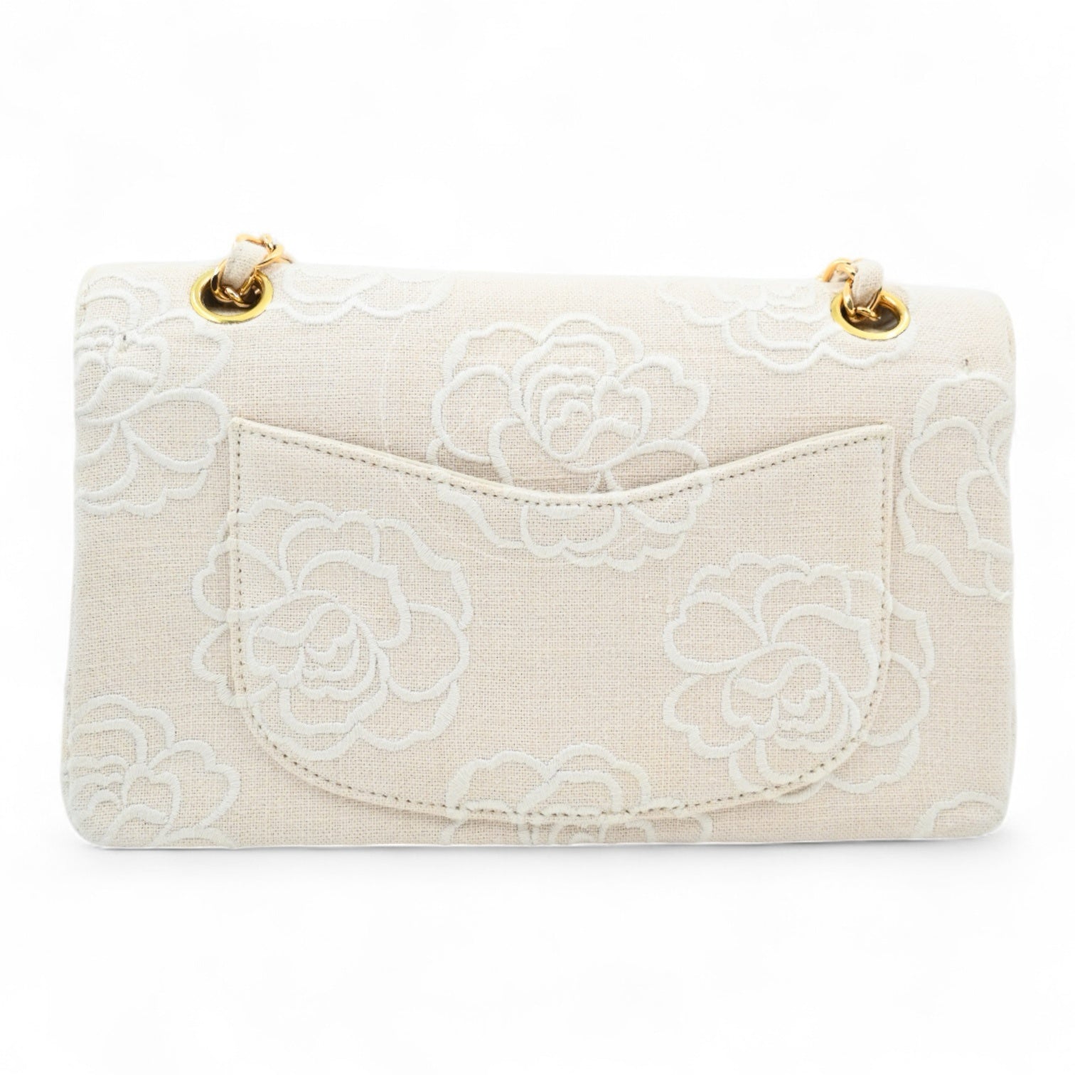 Chanel Vintage Camellia Embroidered Small Classic Flap Bag GHW Ivory Beige Series 5