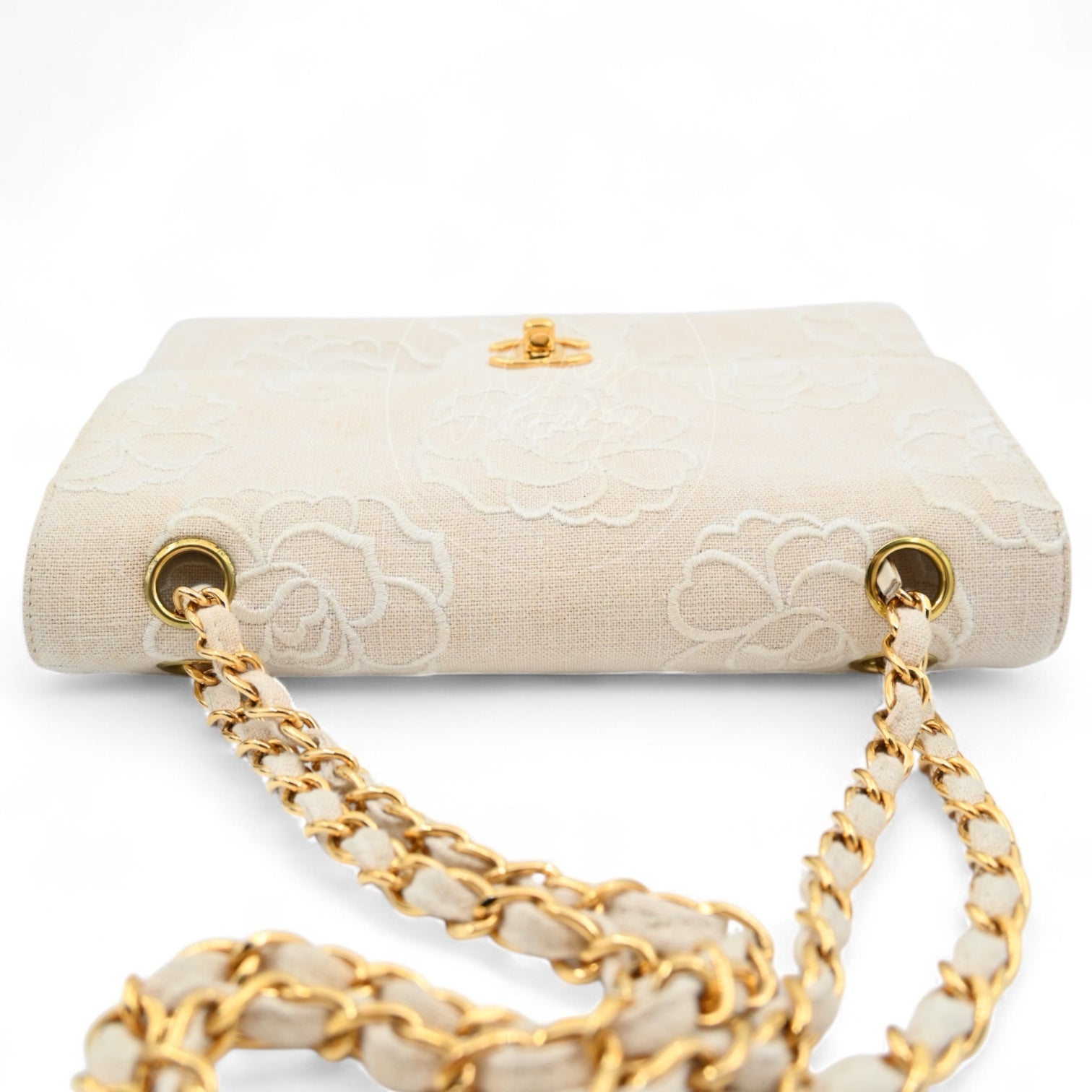 Chanel Vintage Camellia Embroidered Small Classic Flap Bag GHW Ivory Beige Series 5