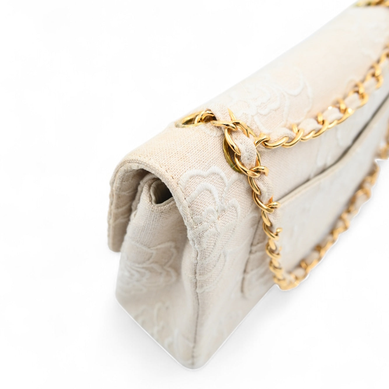 Chanel Vintage Camellia Embroidered Small Classic Flap Bag GHW Ivory Beige Series 5