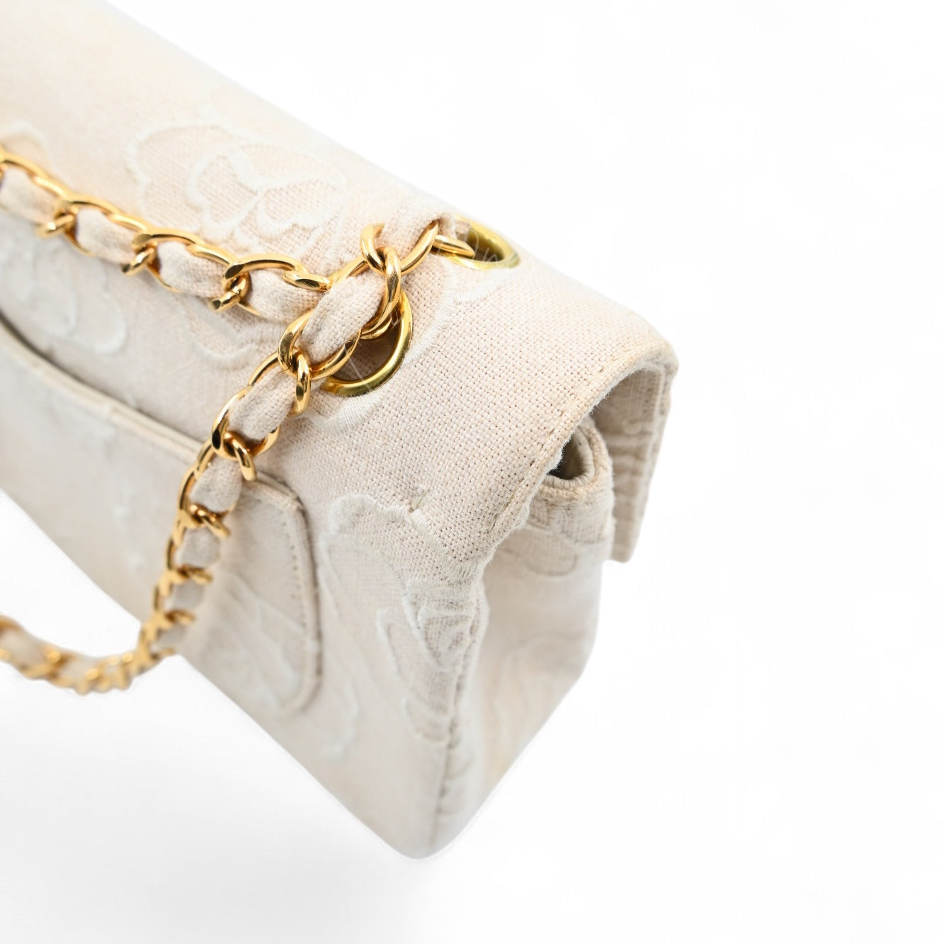 Chanel Vintage Camellia Embroidered Small Classic Flap Bag GHW Ivory Beige Series 5