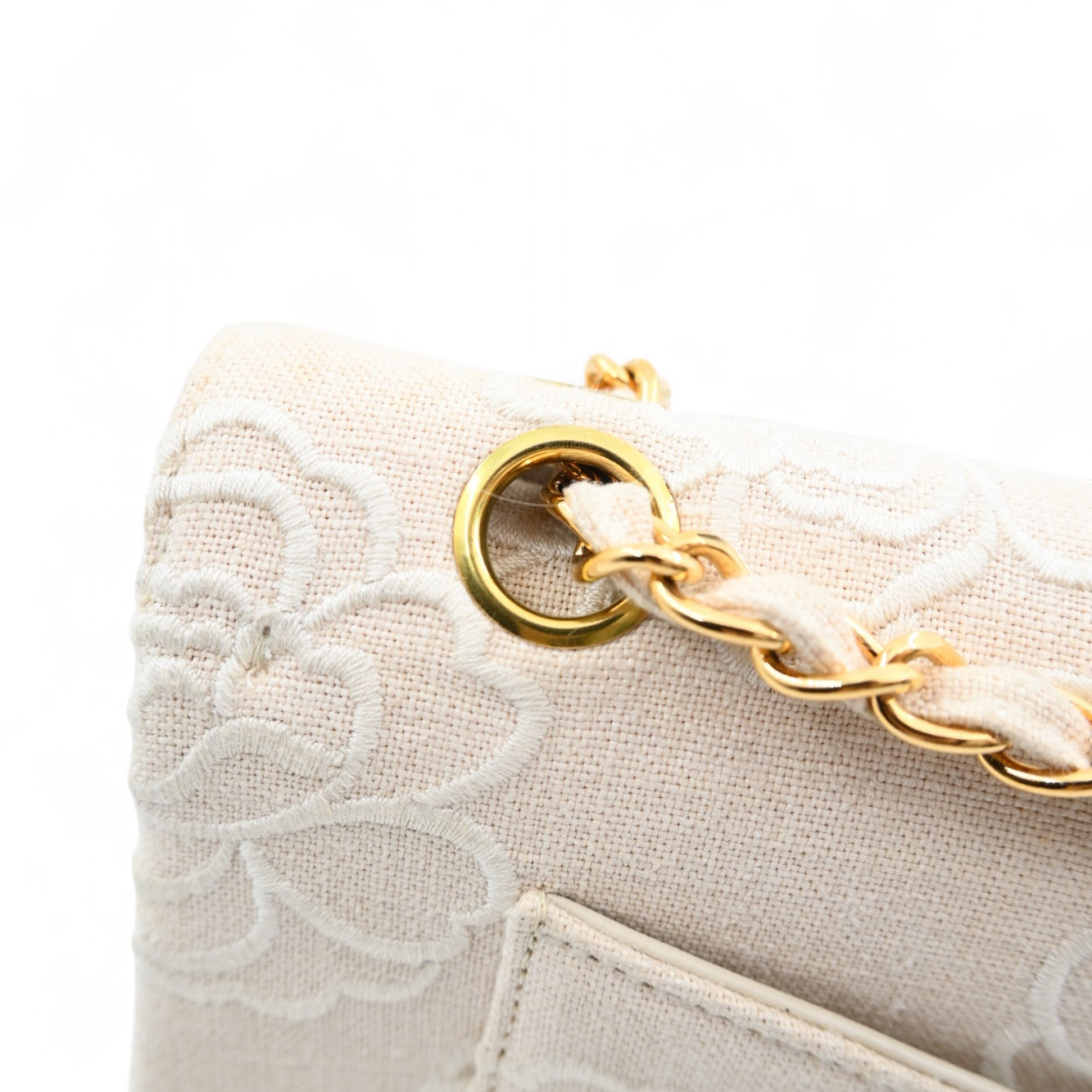 Chanel Vintage Camellia Embroidered Small Classic Flap Bag GHW Ivory Beige Series 5