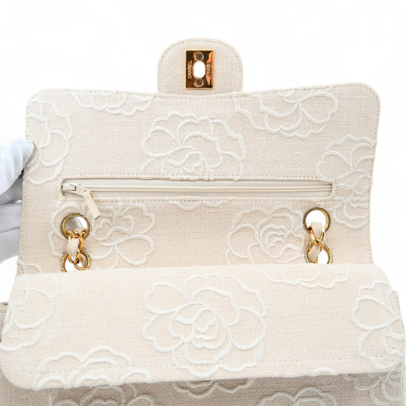 Chanel Vintage Camellia Embroidered Small Classic Flap Bag GHW Ivory Beige Series 5
