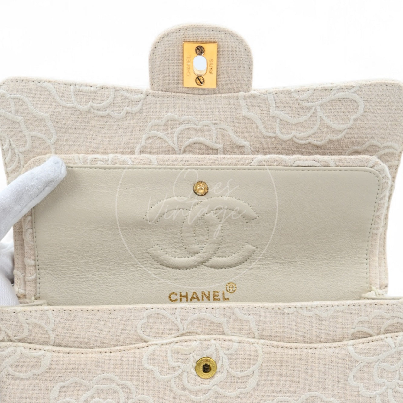 Chanel Vintage Camellia Embroidered Small Classic Flap Bag GHW Ivory Beige Series 5