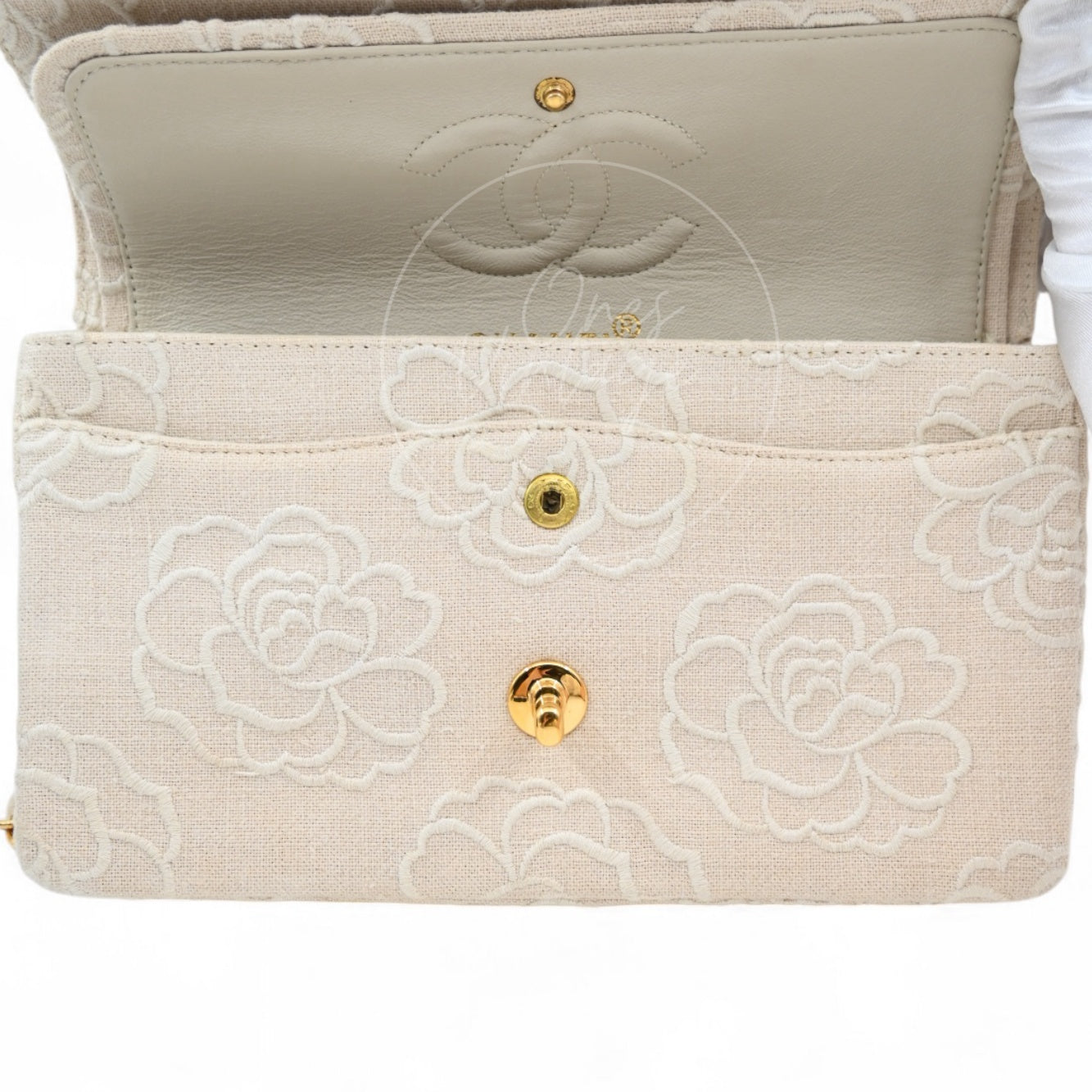Chanel Vintage Camellia Embroidered Small Classic Flap Bag GHW Ivory Beige Series 5