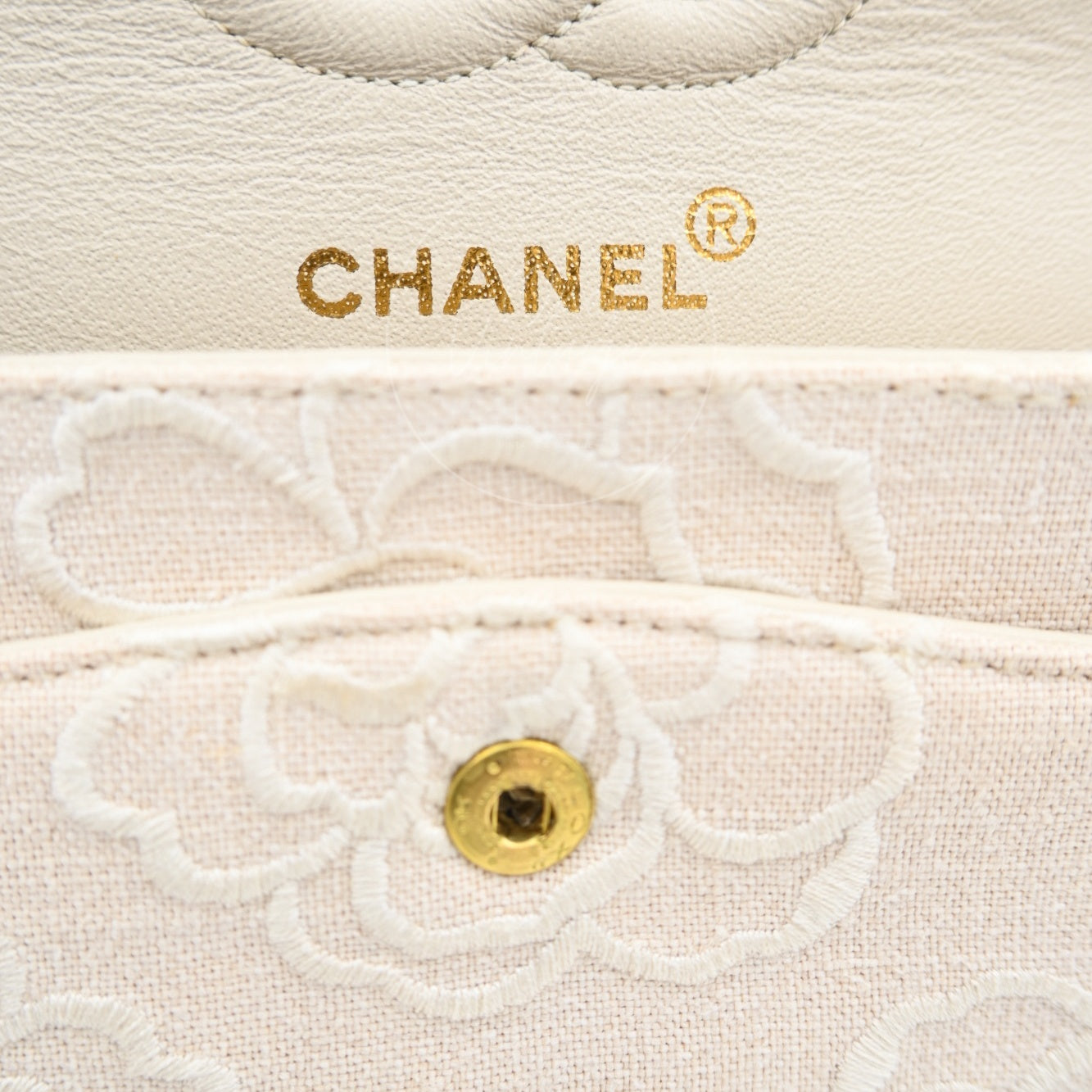 Chanel Vintage Camellia Embroidered Small Classic Flap Bag GHW Ivory Beige Series 5