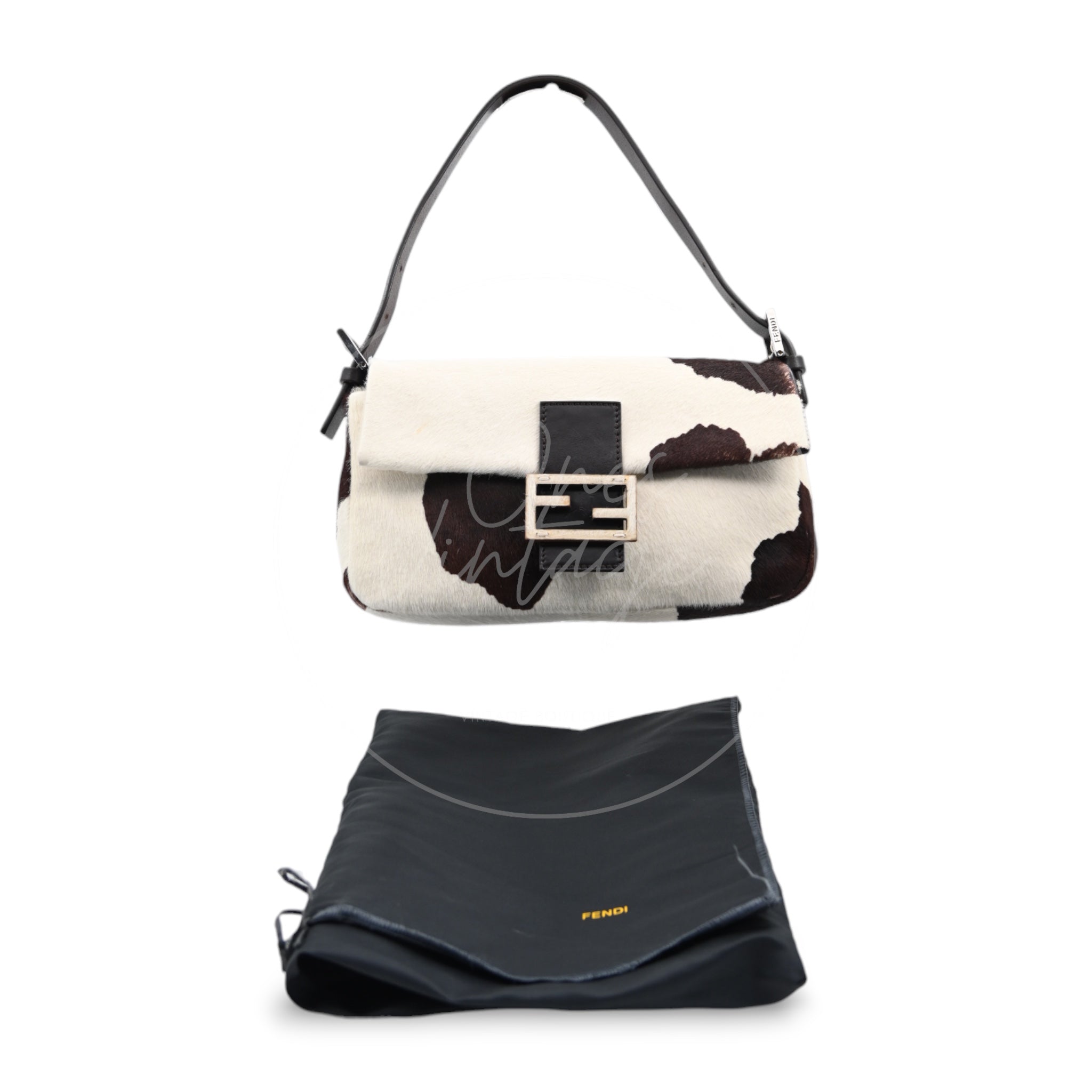 Fendi Cow Print Pony Hair Baguette PHW White Brown