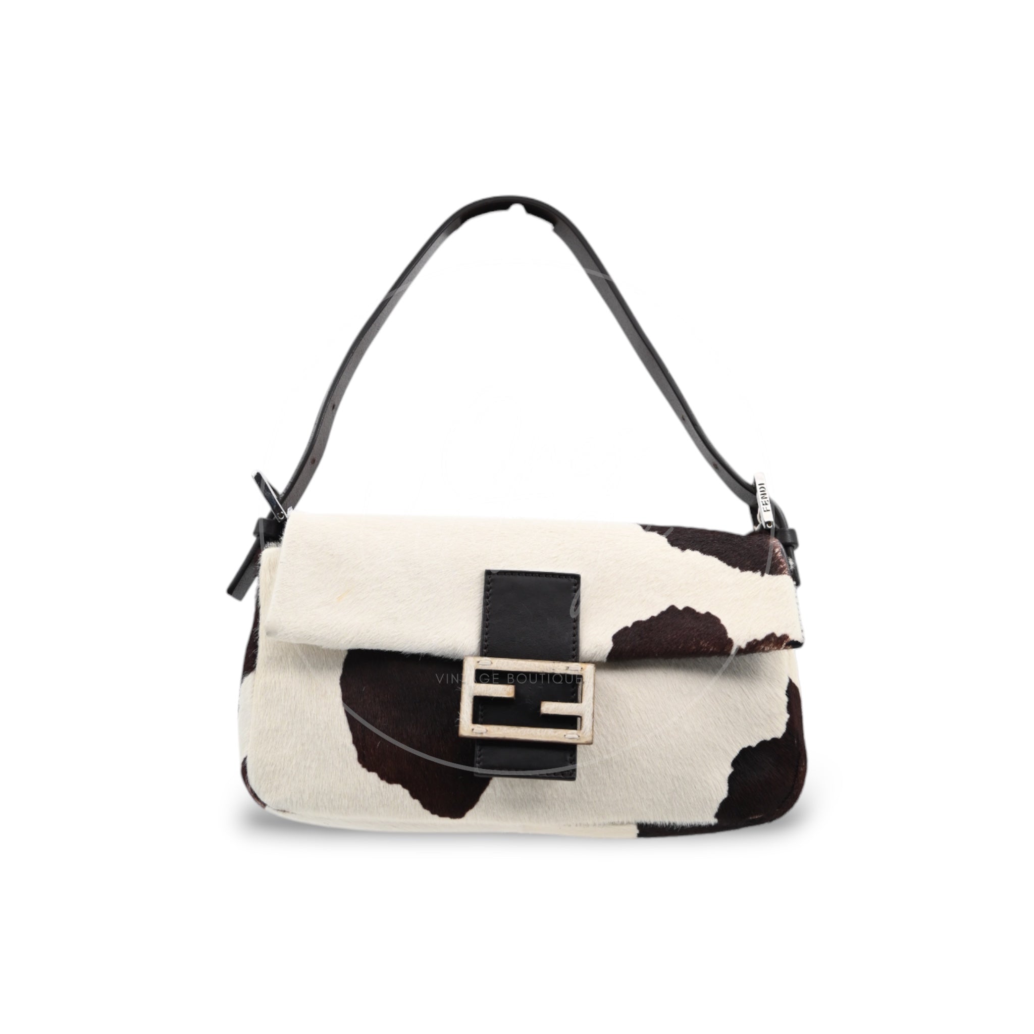 Fendi Cow Print Pony Hair Baguette PHW White Brown
