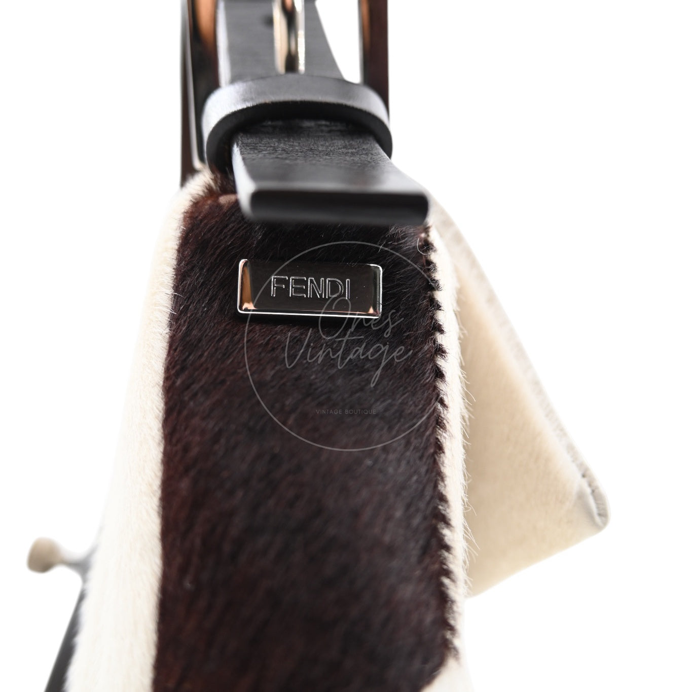 Fendi Cow Print Pony Hair Baguette PHW White Brown