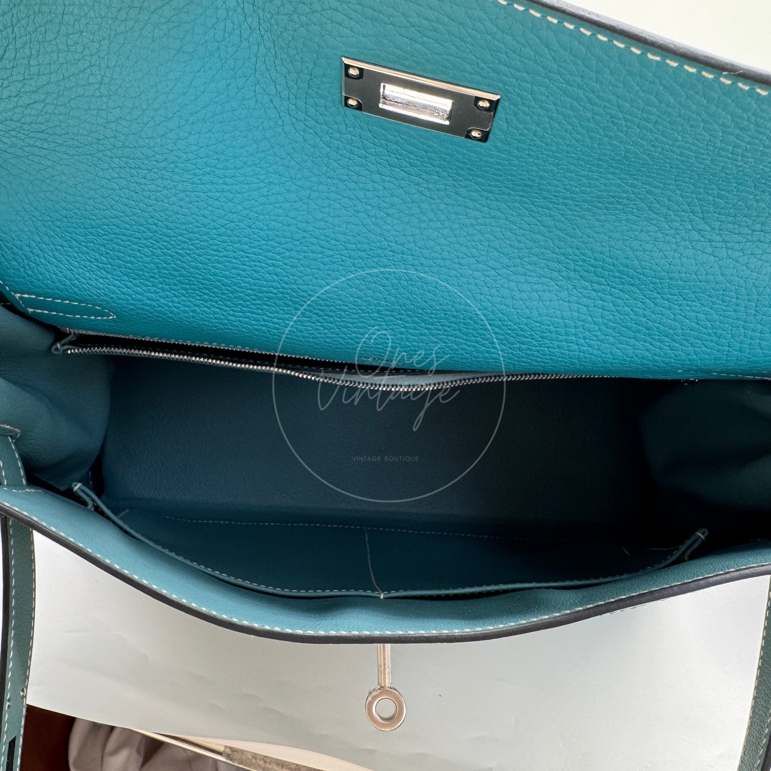 Hermes Kelly Ghillies 32 Turquoise Doblis Suede Clemence Evercolor Bag PHW Tricolour Square R