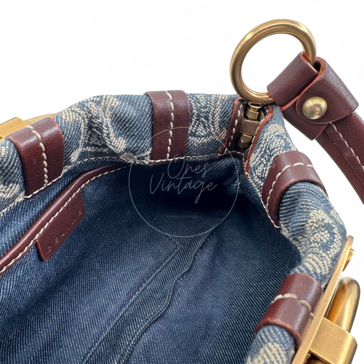 Celine Vintage Pairs Macadam Denim Shoulder Bag GHW Brown Blue