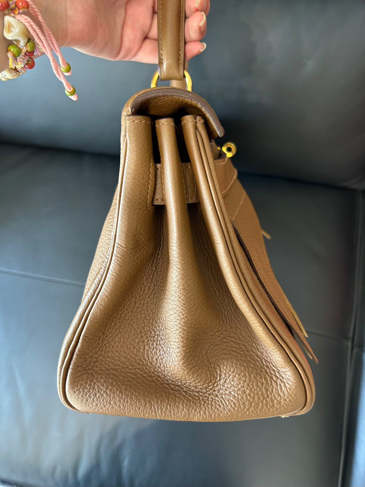 Hermes Kelly shoulder fringe Milk Tea