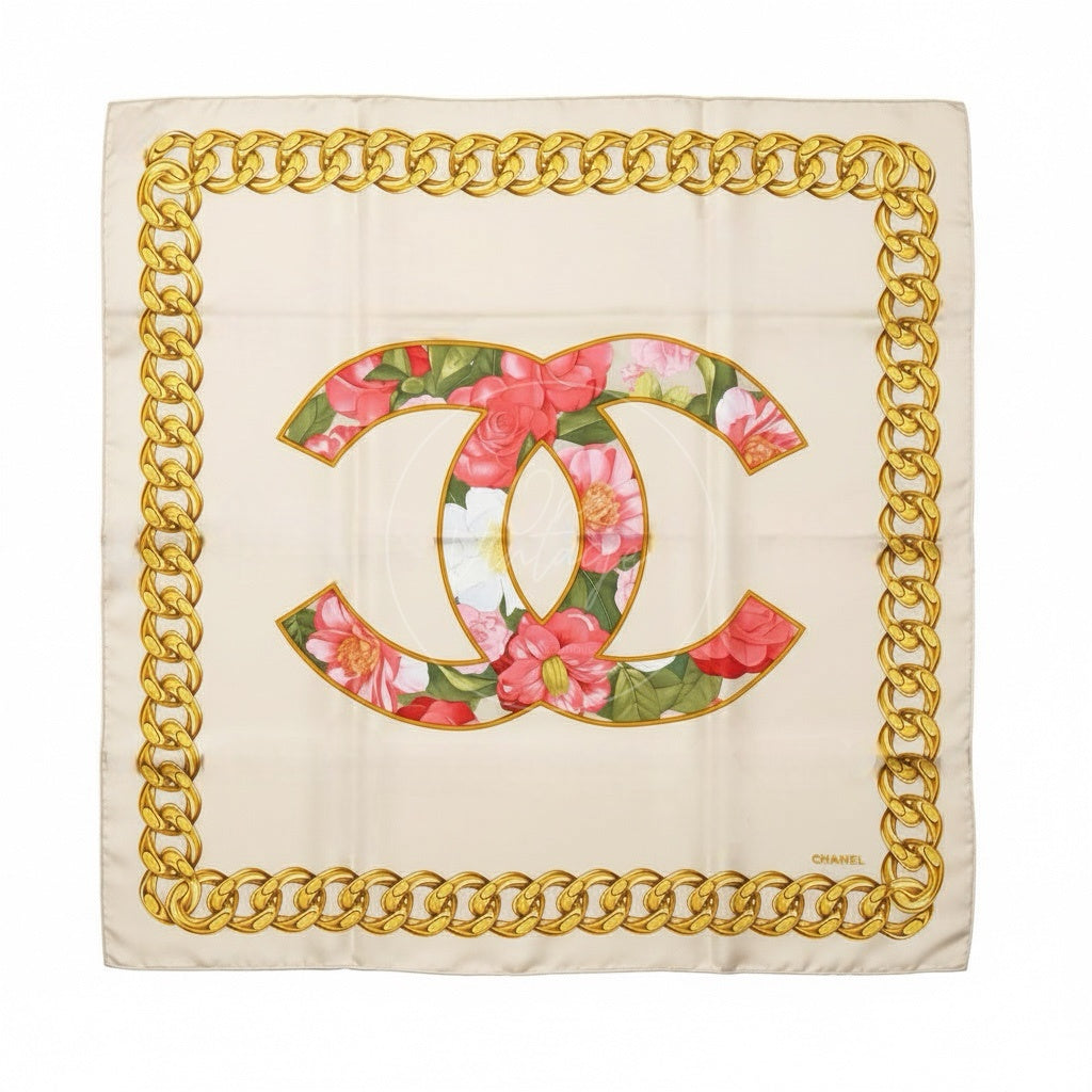 Chanel Vintage CC Mark with Red Camellia and Chain Pattern Square Scarf