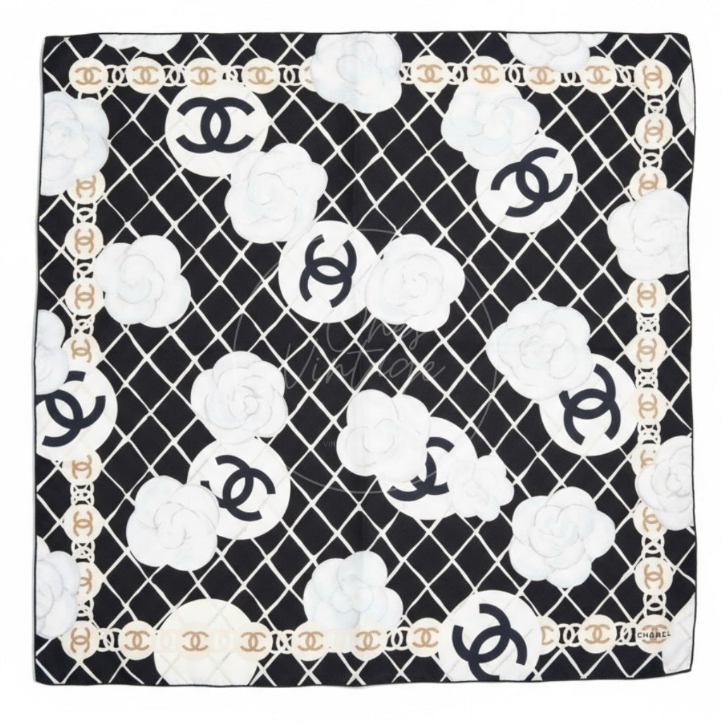 Chanel Black Checkered With White Camellia Pattern Square Scarf