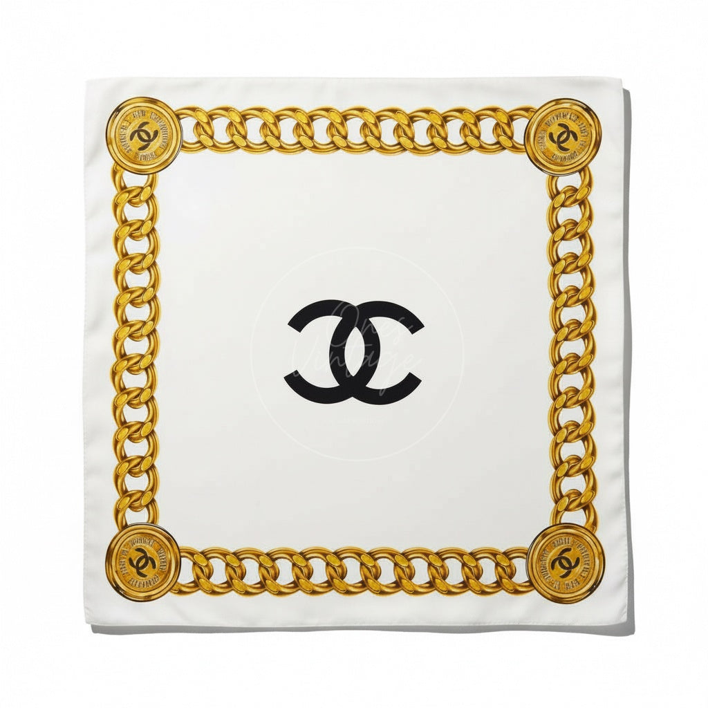 Chanel White 31rue Cambon Gold Chain With CC Mark Scarf