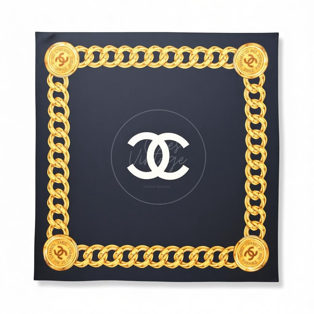 Chanel CC Logo With Gold Chain Pattern Square Scarf