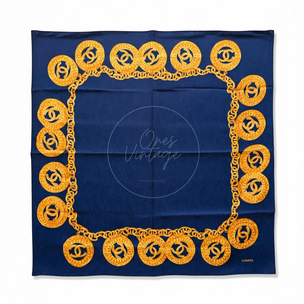 Chanel CC Mark Charms Chain Pattern Navy Square Scarf