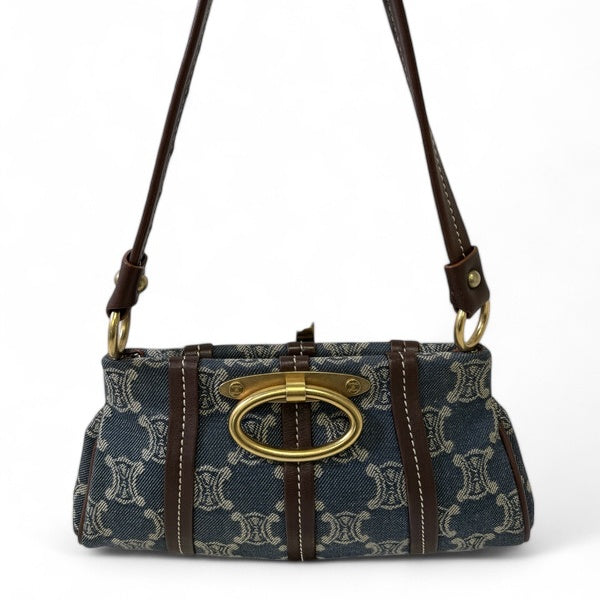 Celine Vintage Pairs Macadam Denim Shoulder Bag GHW Brown Blue