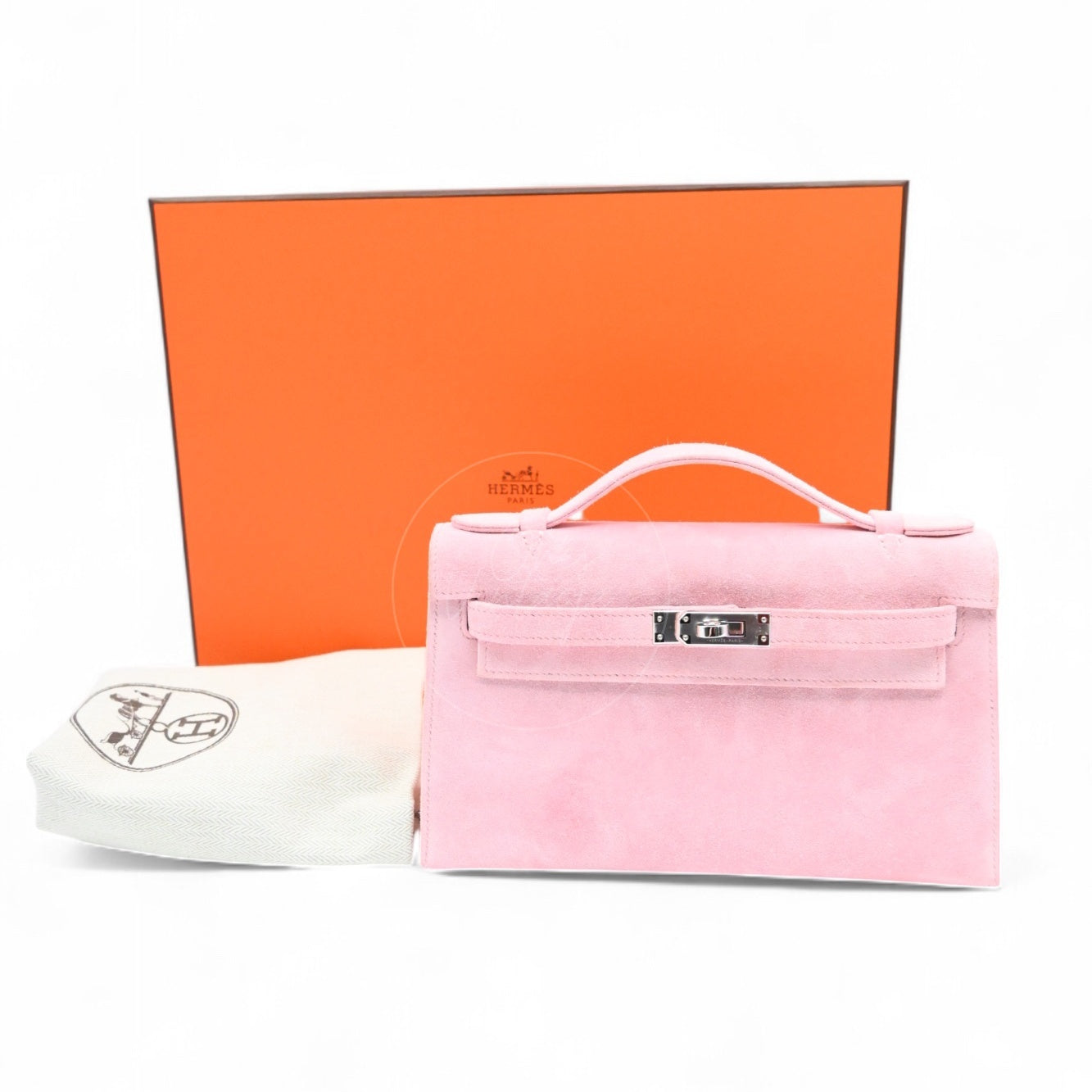 Hermes Kelly Pochette Suede PHW Pink Square J