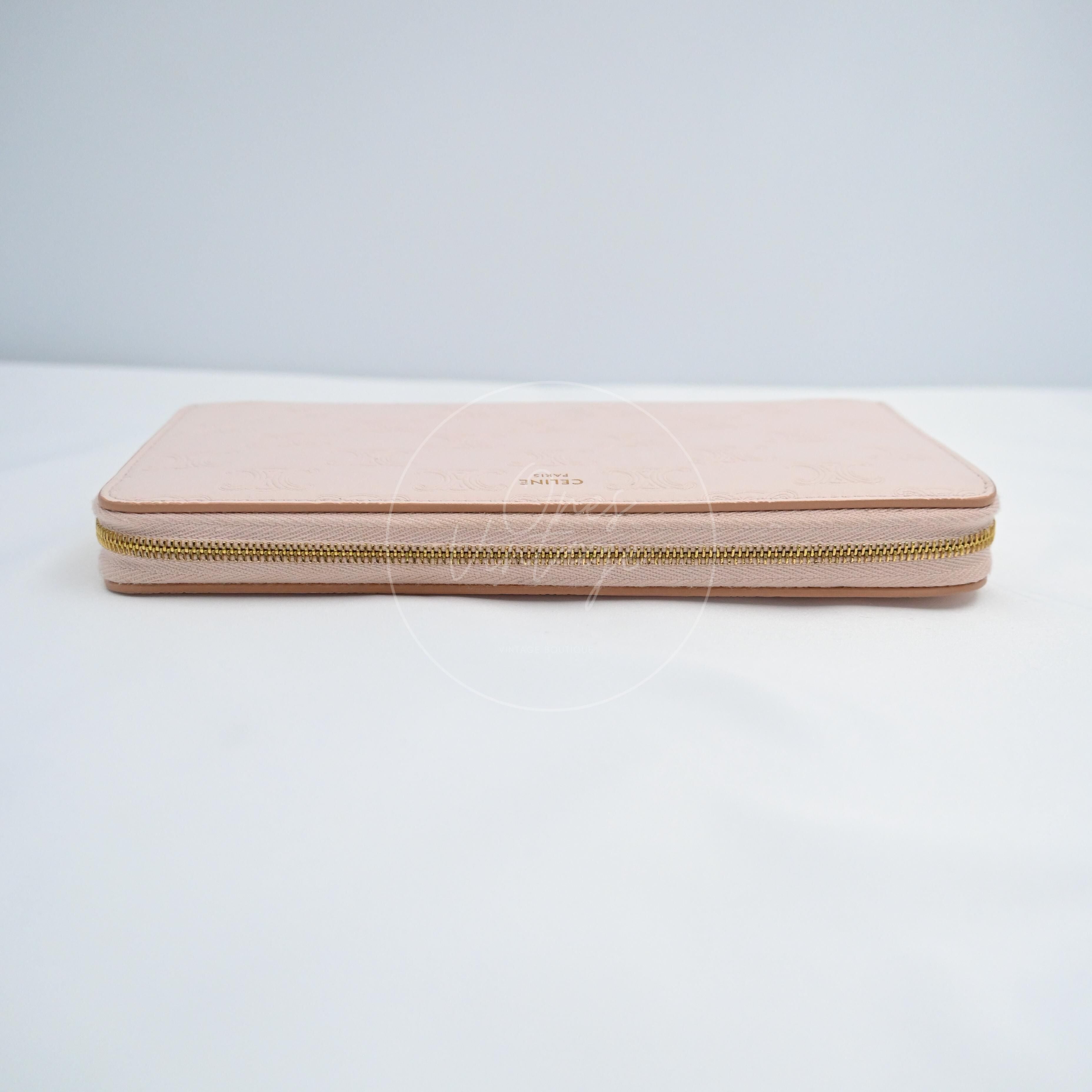 [Pre-owned] Celine Triomphe Embossed Pink Calfskin Zippy Long Wallet