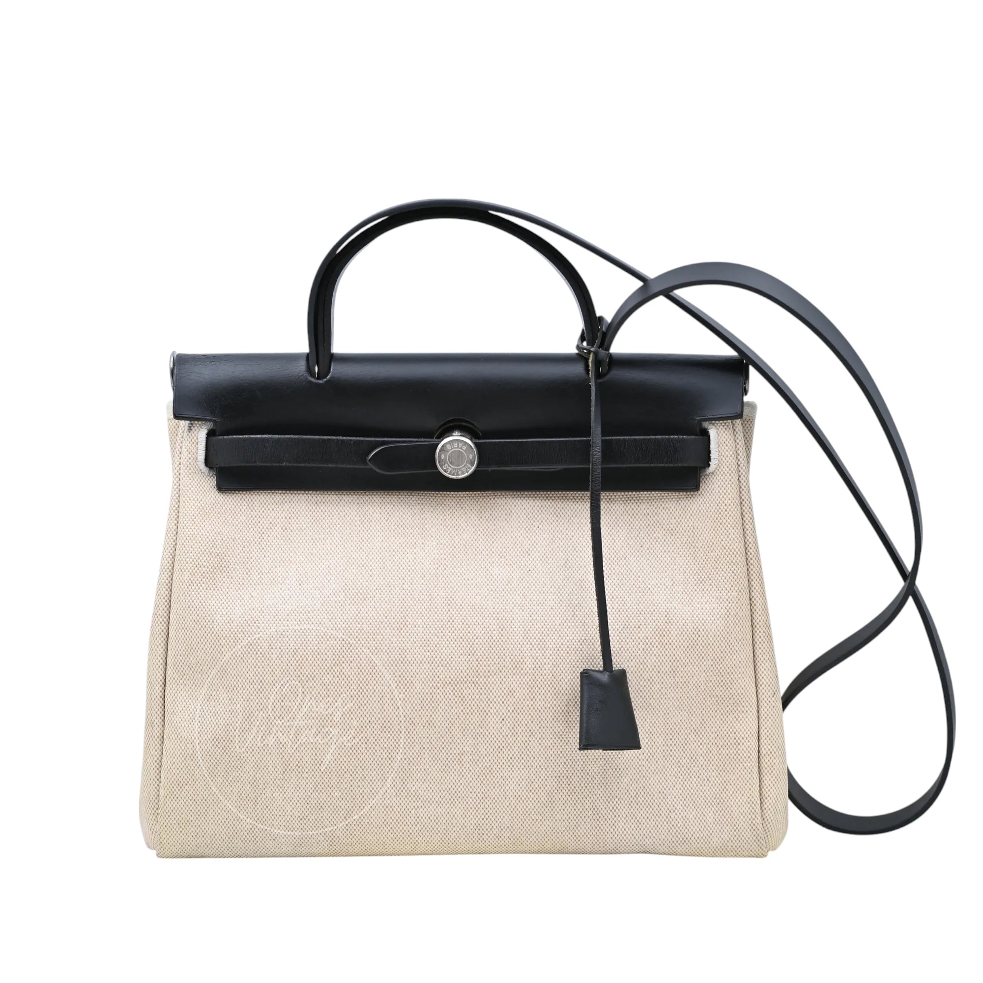 [Pre-owned] Hermes Herbag 31 Black Swift Beige Toile H PHW Stamp Square G