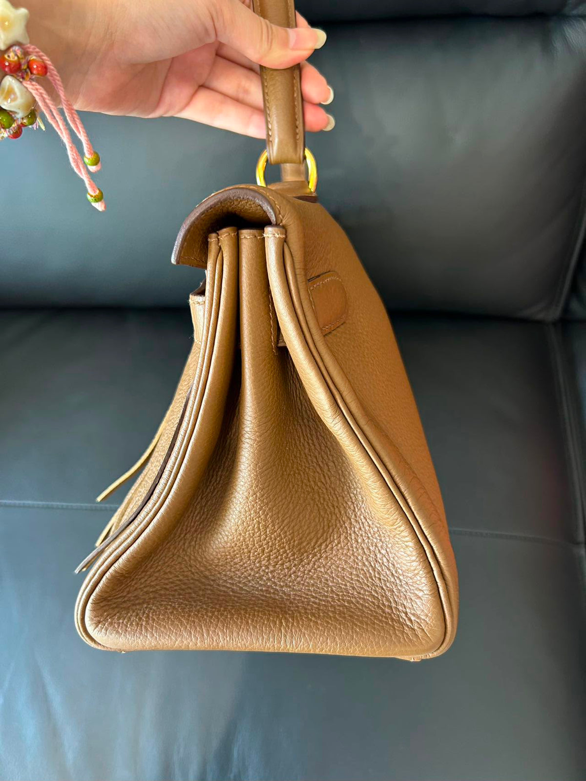 Hermes Kelly shoulder fringe Milk Tea
