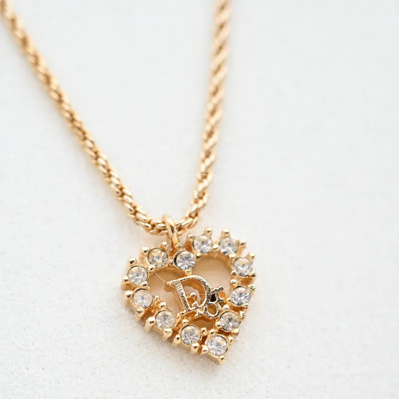 [Pre-owned] Dior Vintage Heart Shape CD Logo Crystal Gold Necklace