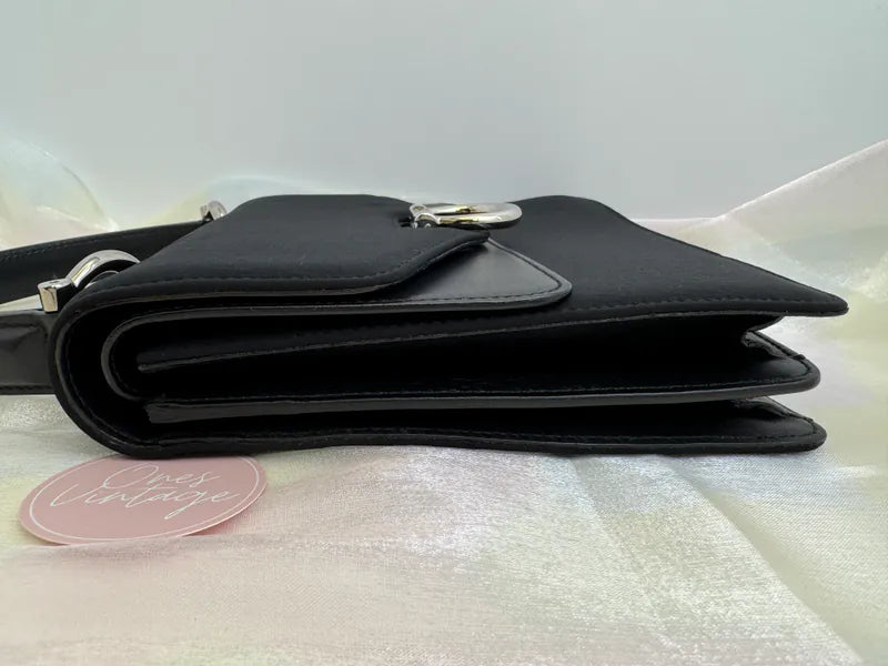 [Pre-owned] Celine Vintage Gancini Double Flap Bag Black Calfskin and Fabric 雙子星