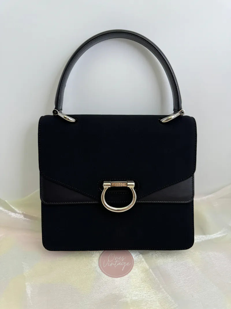 [Pre-owned] Celine Vintage Gancini Double Flap Bag Black Calfskin and Fabric 雙子星