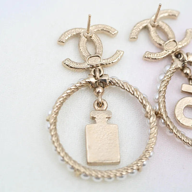 [Brand New] Chanel No.5 Perfume Bottle CC Mark Pearl Circle Drop Earrings