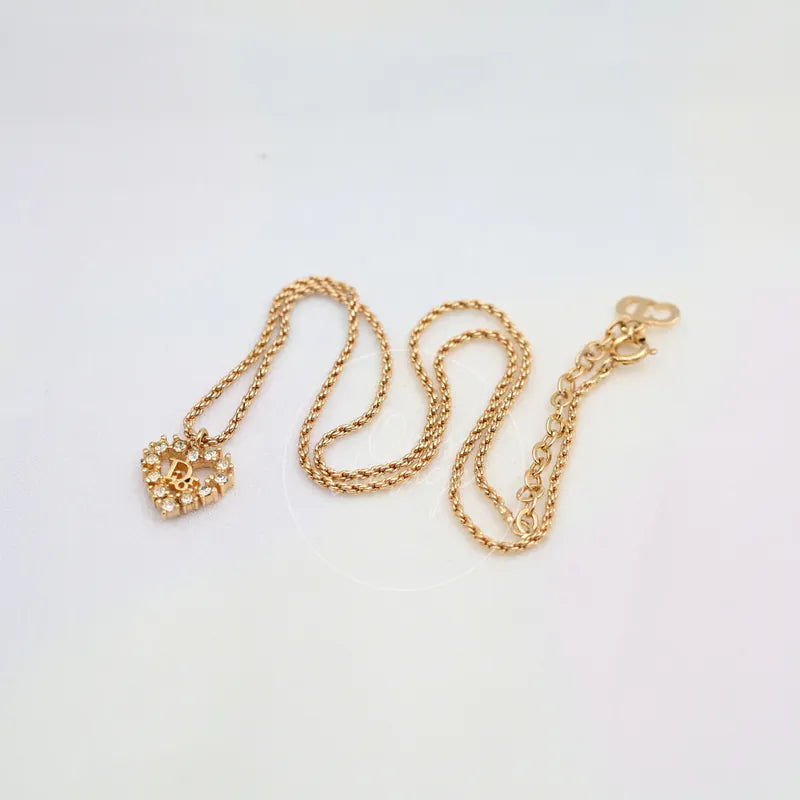 [Pre-owned] Dior Vintage Heart Shape CD Logo Crystal Gold Necklace