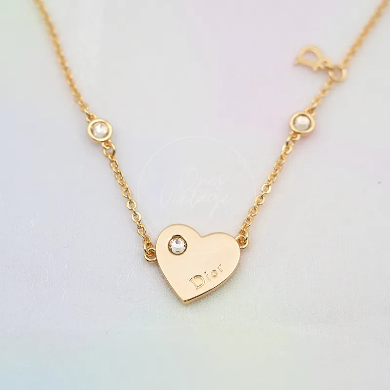 [Pre-owned] Christian Dior Gold Tone Heart Dior Motif Necklace