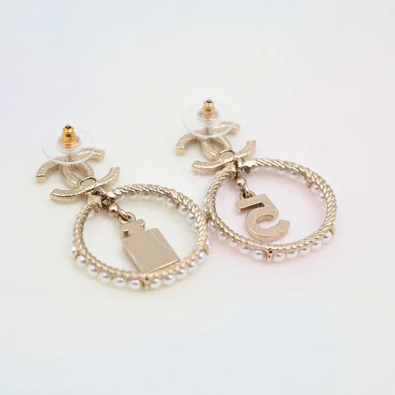 [Brand New] Chanel No.5 Perfume Bottle CC Mark Pearl Circle Drop Earrings