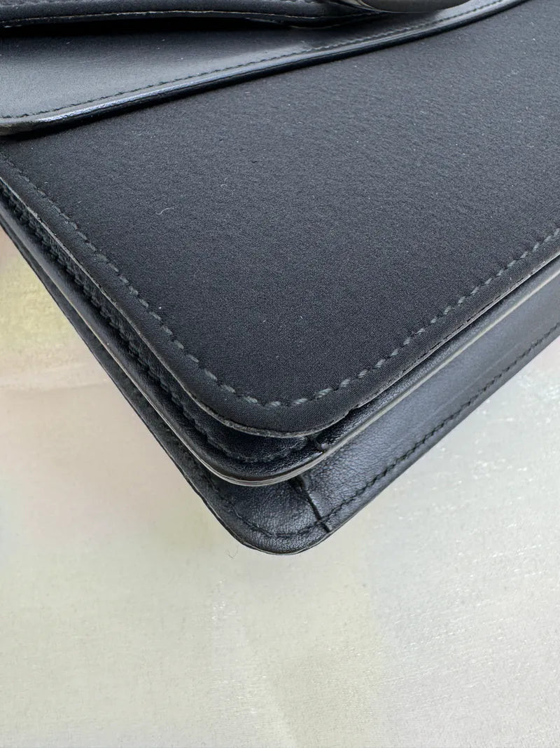 [Pre-owned] Celine Vintage Gancini Double Flap Bag Black Calfskin and Fabric 雙子星