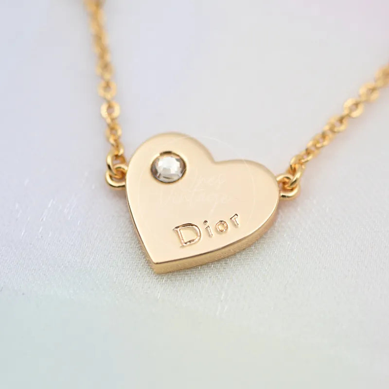 [Pre-owned] Christian Dior Gold Tone Heart Dior Motif Necklace