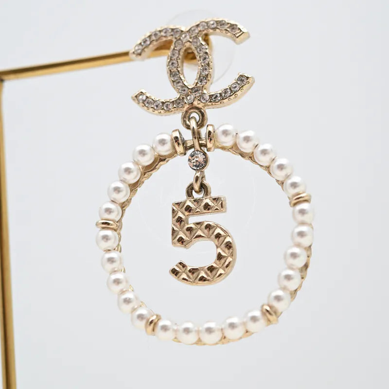 [Brand New] Chanel No.5 Perfume Bottle CC Mark Pearl Circle Drop Earrings