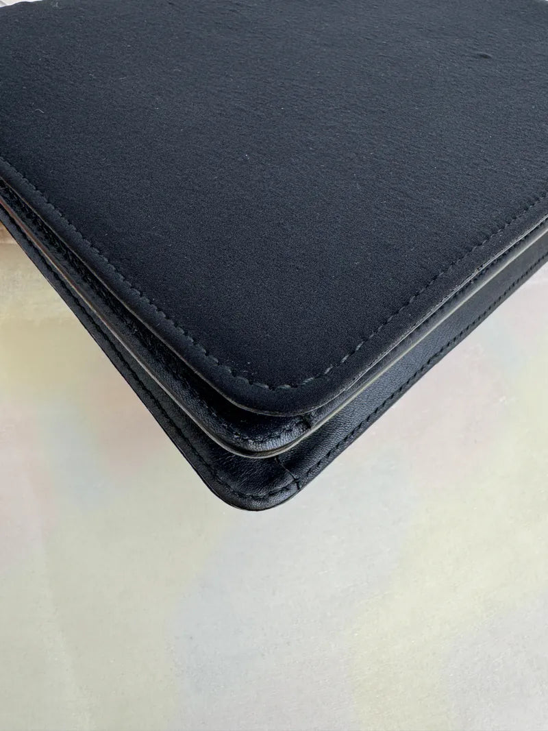 [Pre-owned] Celine Vintage Gancini Double Flap Bag Black Calfskin and Fabric 雙子星