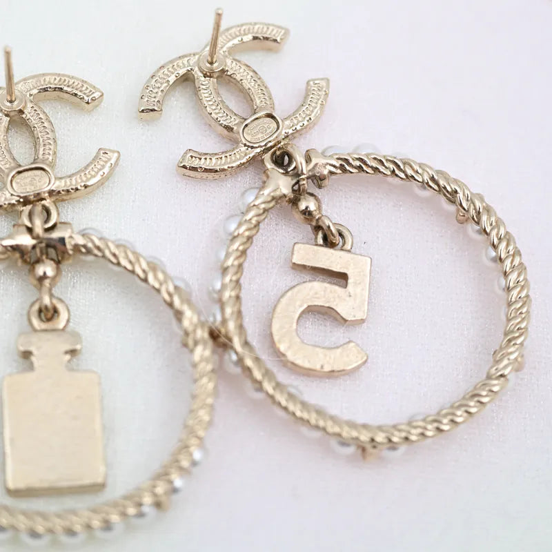 [Brand New] Chanel No.5 Perfume Bottle CC Mark Pearl Circle Drop Earrings