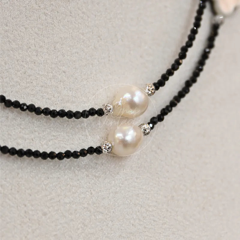 [Brand New] Akoya x Spinel x Mother of Pearl Necklace Black Silver