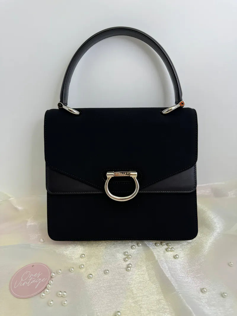 [Pre-owned] Celine Vintage Gancini Double Flap Bag Black Calfskin and Fabric 雙子星