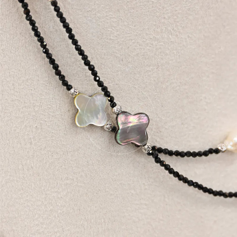 [Brand New] Akoya x Spinel x Mother of Pearl Necklace Black Silver