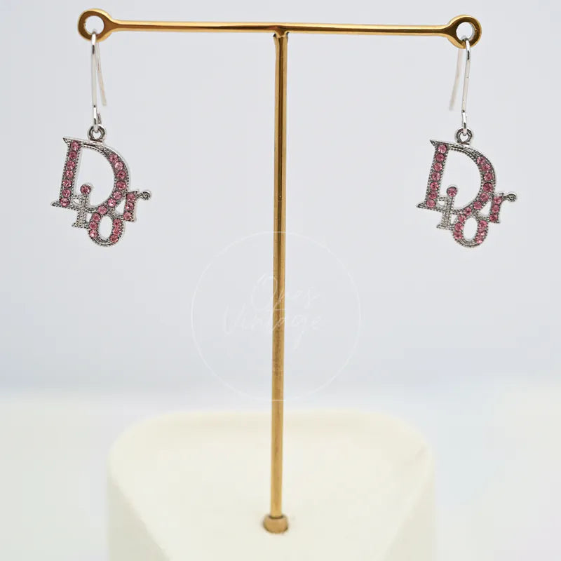 [Pre-owned] Dior Silver Pink Oblique Rhinestones Earrings