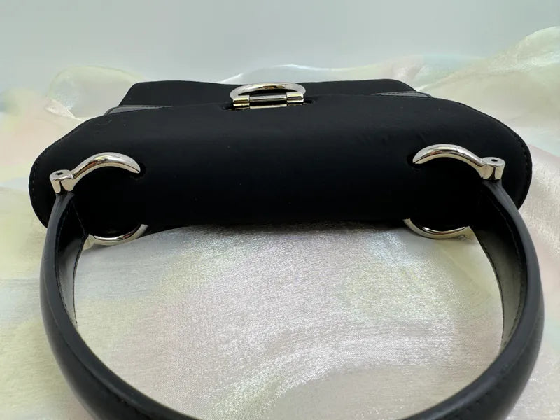 [Pre-owned] Celine Vintage Gancini Double Flap Bag Black Calfskin and Fabric 雙子星