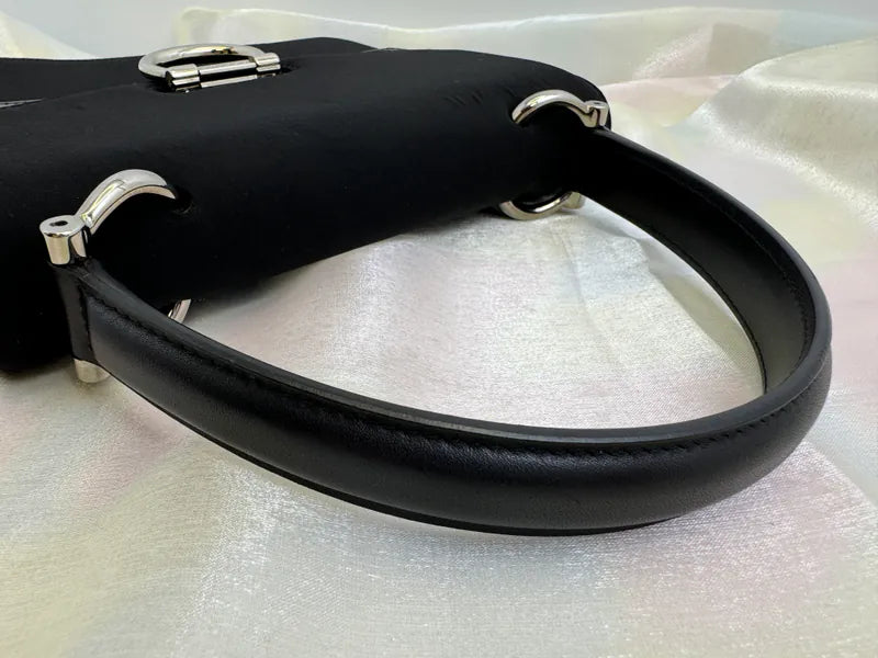 [Pre-owned] Celine Vintage Gancini Double Flap Bag Black Calfskin and Fabric 雙子星