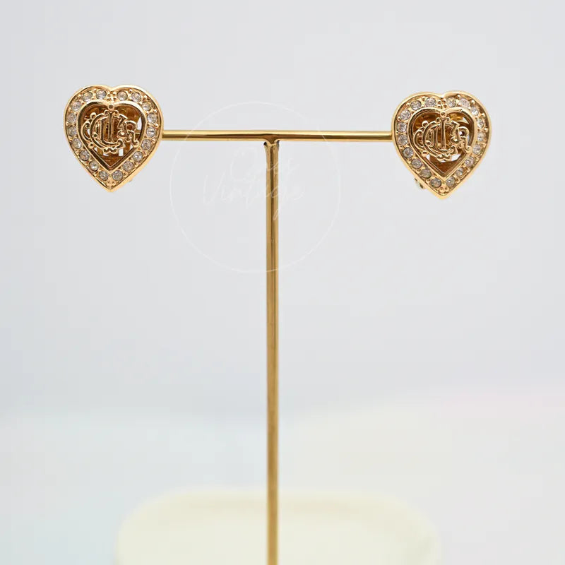[Pre-owned] Dior Carriage Heart Shaped CD Crystal logo Ear-Clips