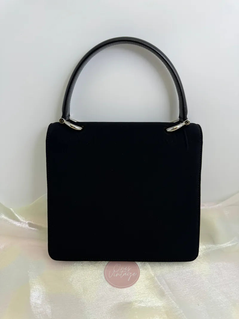 [Pre-owned] Celine Vintage Gancini Double Flap Bag Black Calfskin and Fabric 雙子星