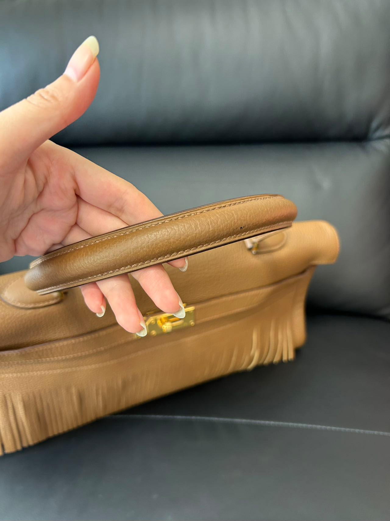 Hermes Kelly shoulder fringe Milk Tea